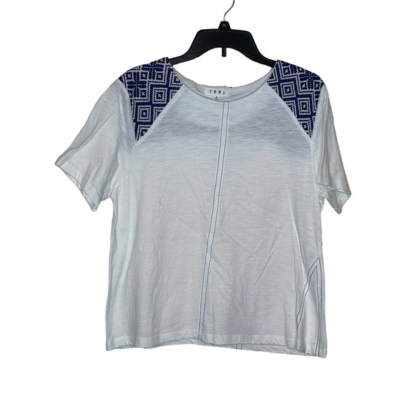 THML Women Top Crew Neck‎ 100% Cotton Short Sleeve Gauze White/Blue Medium - Picture 1 of 10